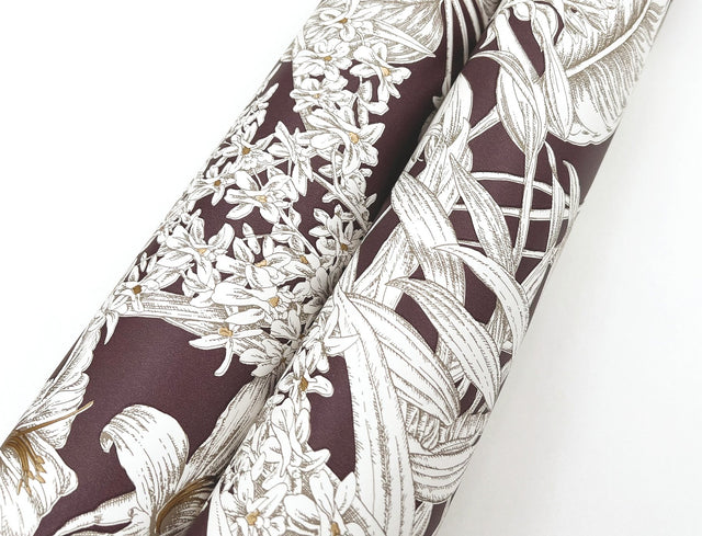 Orchid Conservatory Toile Mulberry Wallpaper with Metallic Tropical Toile Pattern - York RT7881
