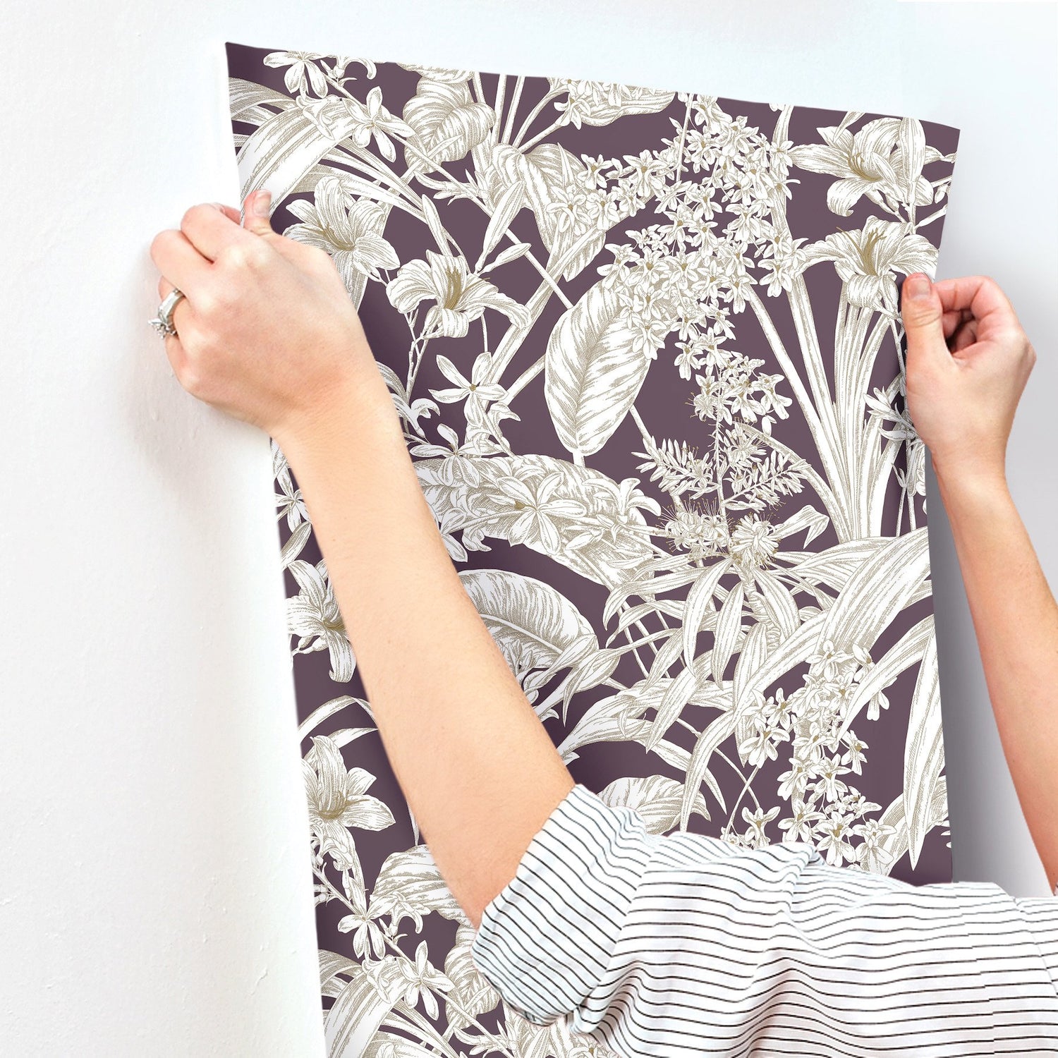 Orchid Conservatory Toile Mulberry Wallpaper with Metallic Tropical Toile Pattern - York RT7881