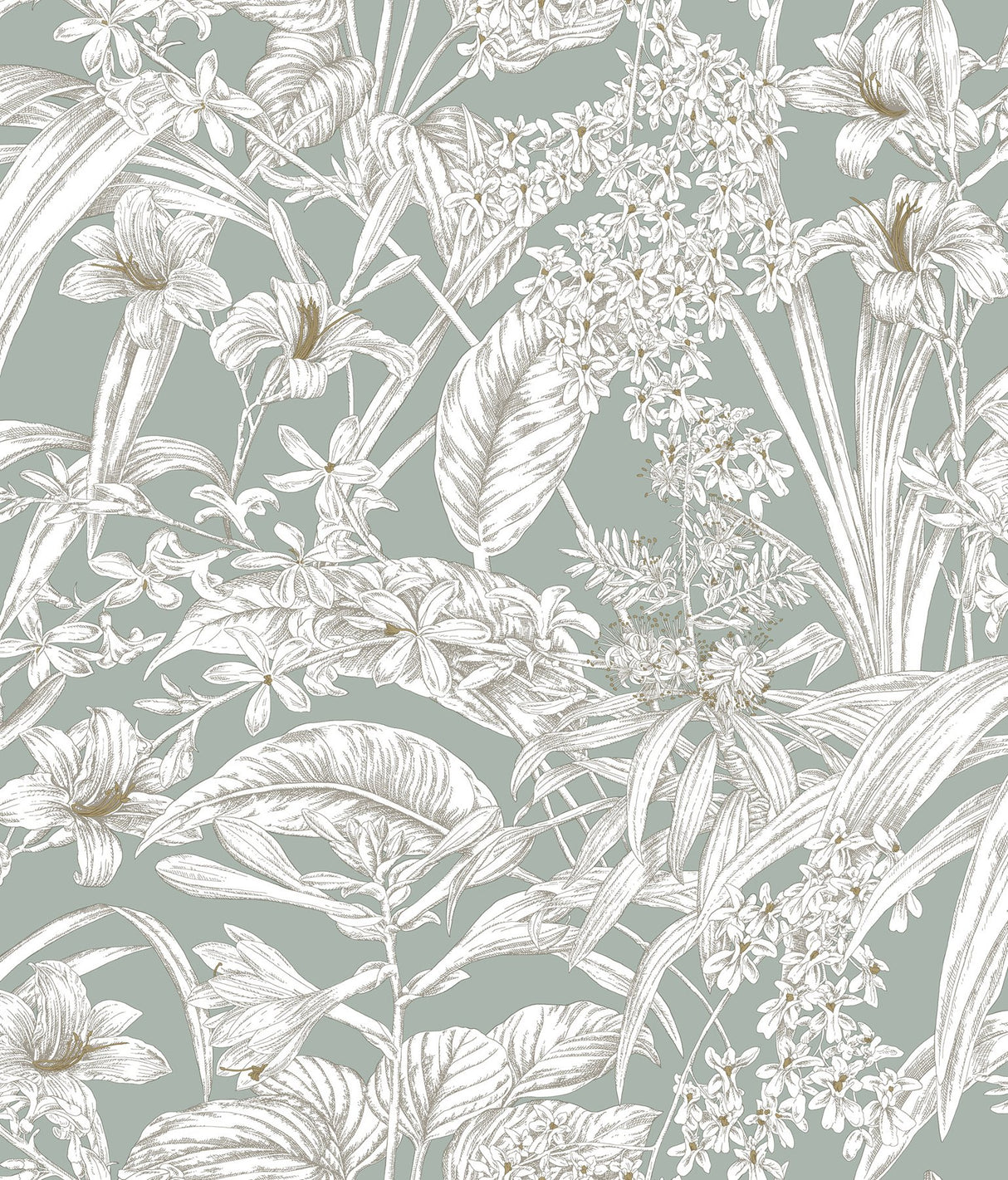 Orchid Conservatory Toile Seamist & Taupe Wallpaper with Metallic Tropical Toile - York RT7882