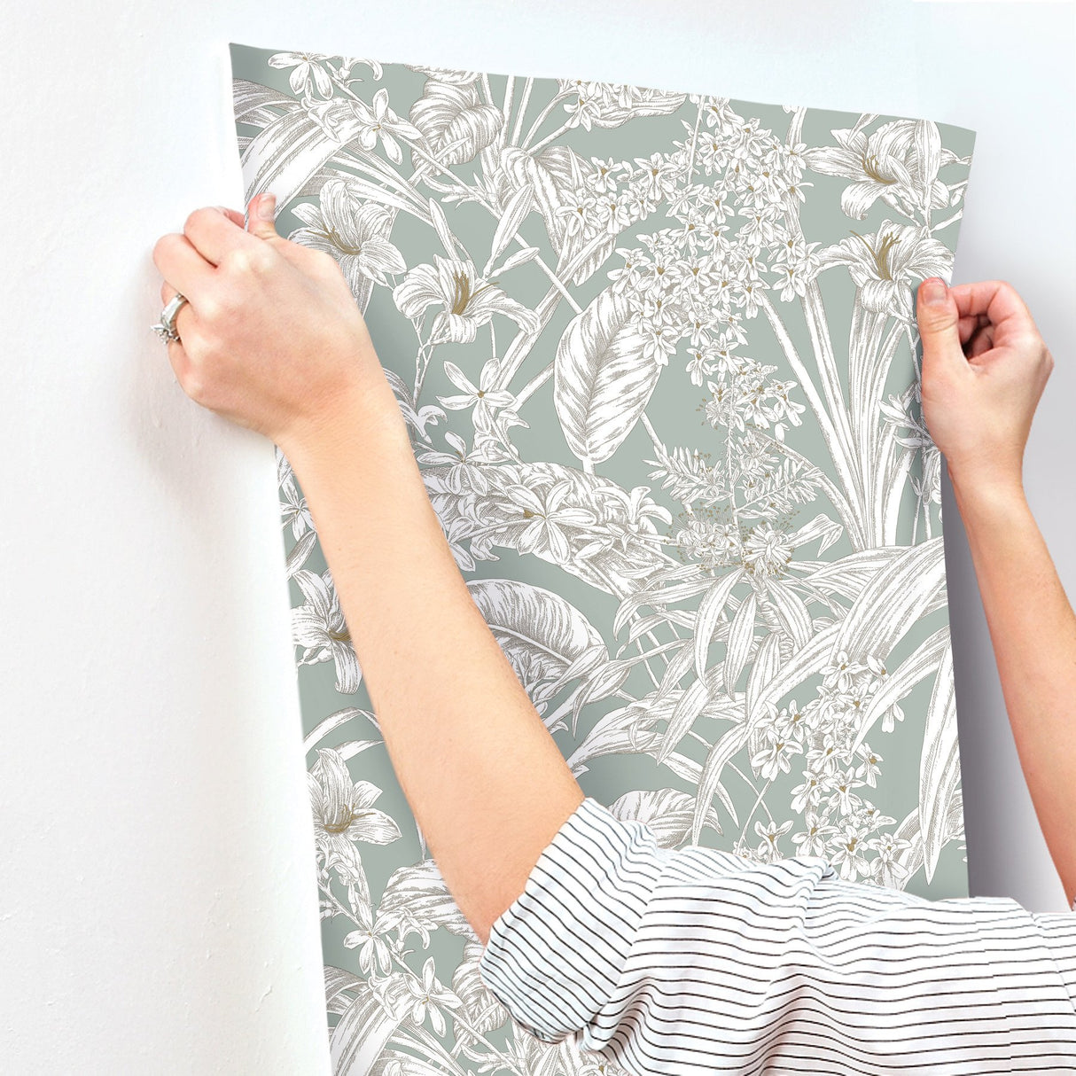 Orchid Conservatory Toile Seamist & Taupe Wallpaper with Metallic Tropical Toile - York RT7882