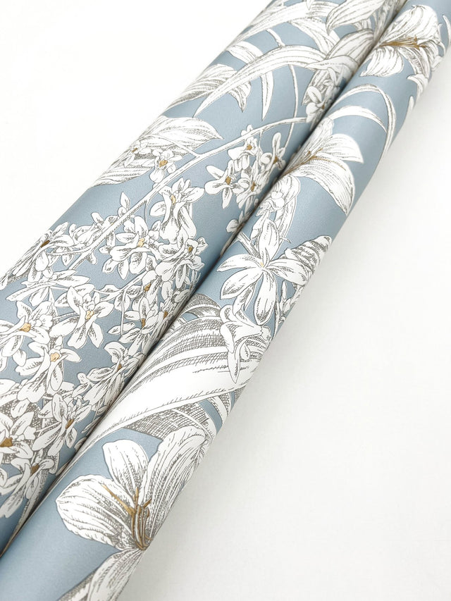 Orchid Conservatory Toile Blue & Taupe Wallpaper with Metallic Tropical Toile Pattern - York RT7884
