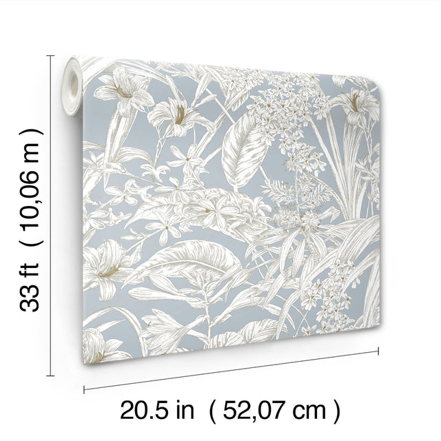 Orchid Conservatory Toile Blue & Taupe Wallpaper with Metallic Tropical Toile Pattern - York RT7884