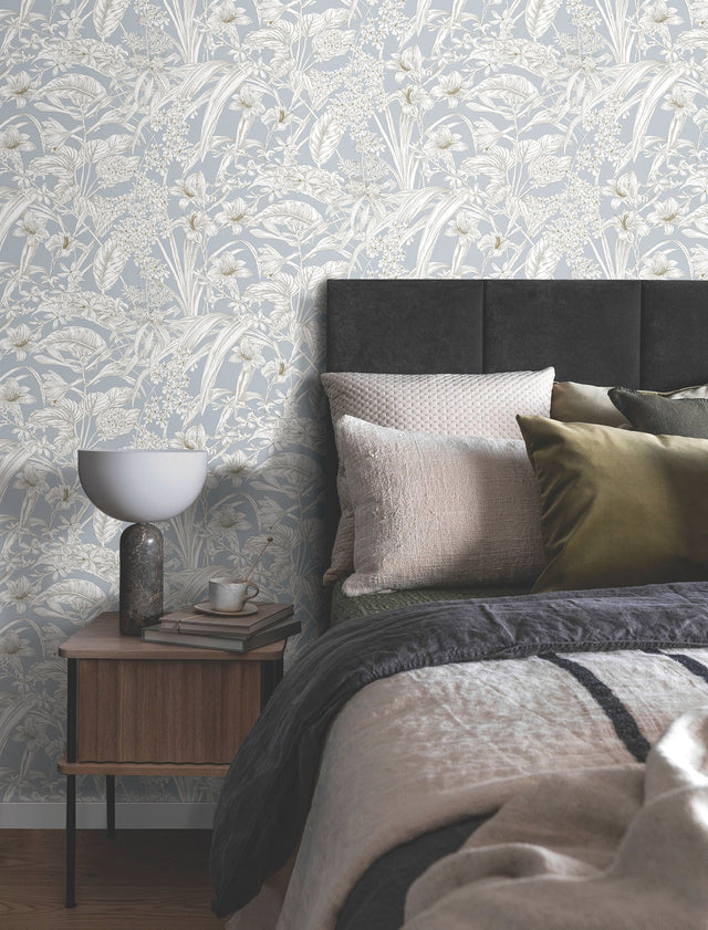 Orchid Conservatory Toile Blue & Taupe Wallpaper with Metallic Tropical Toile Pattern - York RT7884