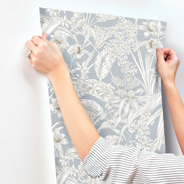 Orchid Conservatory Toile Blue & Taupe Wallpaper with Metallic Tropical Toile Pattern - York RT7884