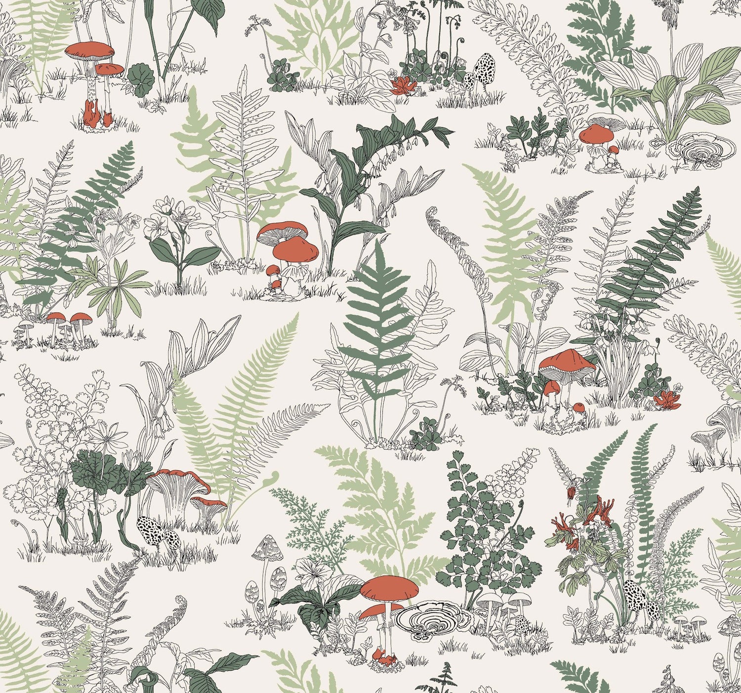 Mushroom Garden Toile Red & Green Whimsical Wallpaper - York RT7891
