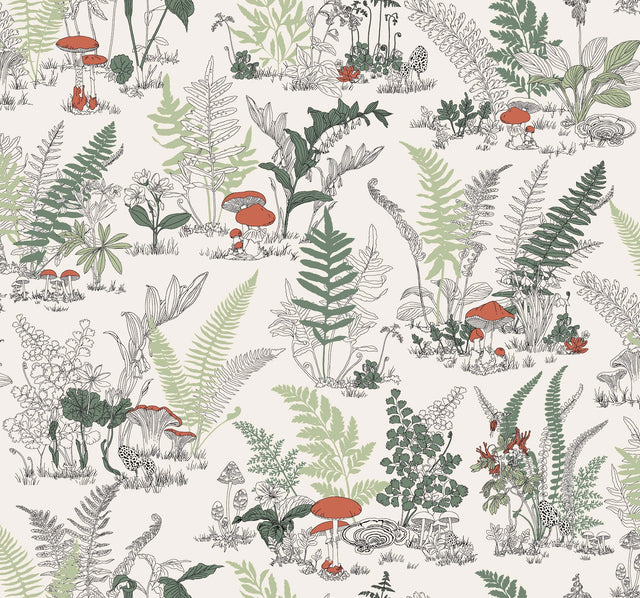 Mushroom Garden Toile Red & Green Whimsical Wallpaper - York RT7891