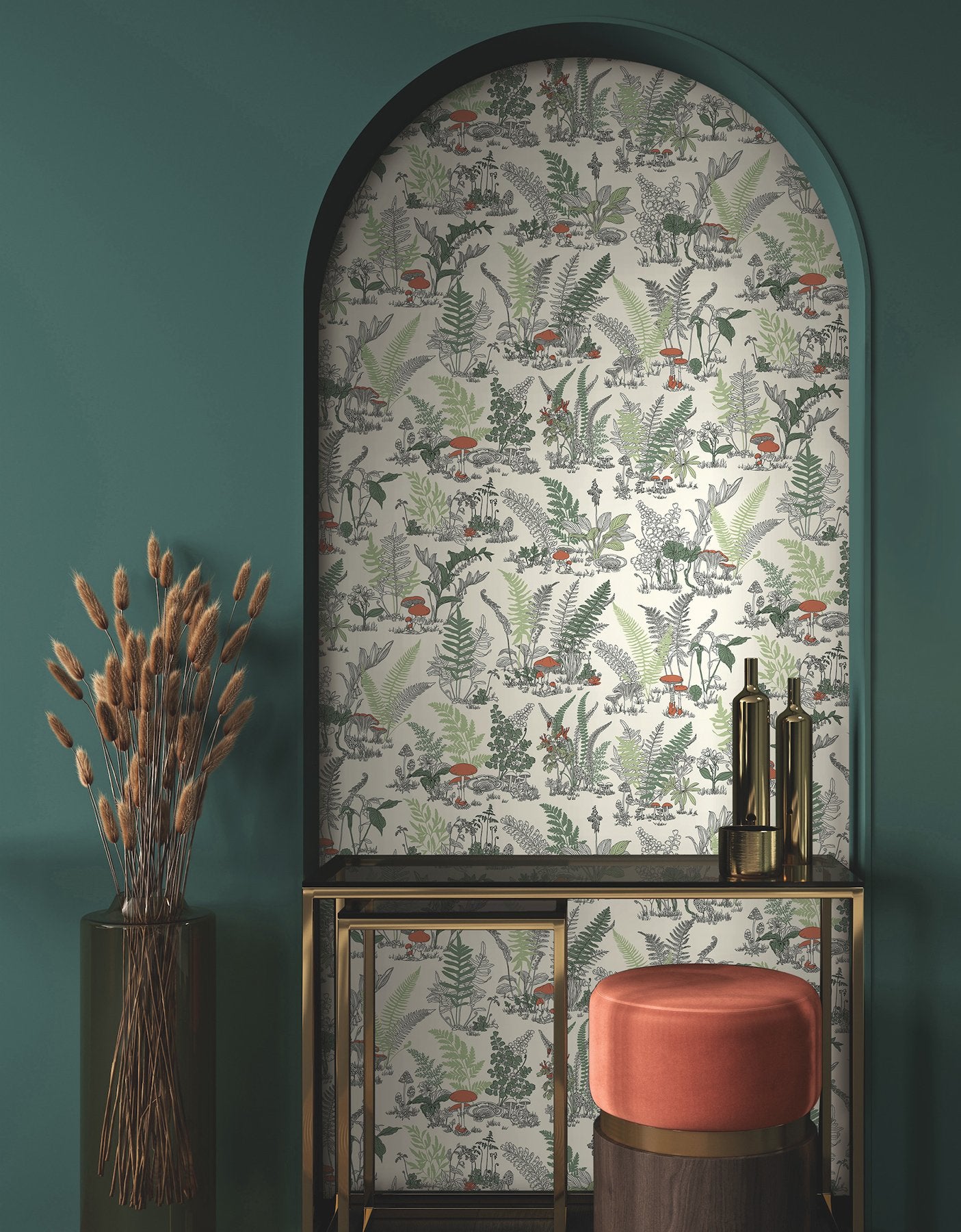 Mushroom Garden Toile Red & Green Whimsical Wallpaper - York RT7891