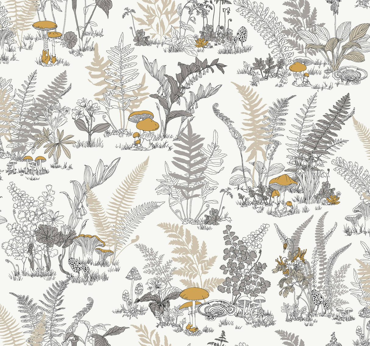 Mushroom Garden Toile Neutral & Gold Wallpaper with Metallic Whimsical Toile Pattern - York RT7892