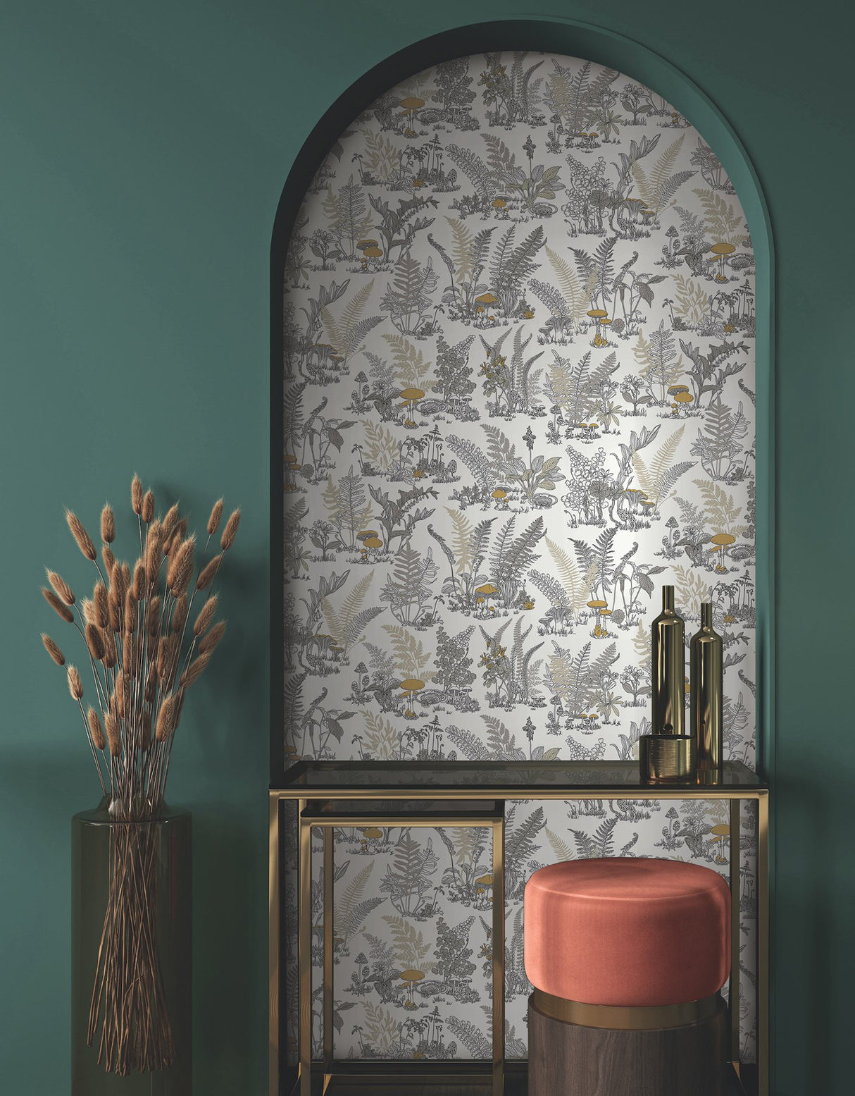Mushroom Garden Toile Neutral & Gold Wallpaper with Metallic Whimsical Toile Pattern - York RT7892