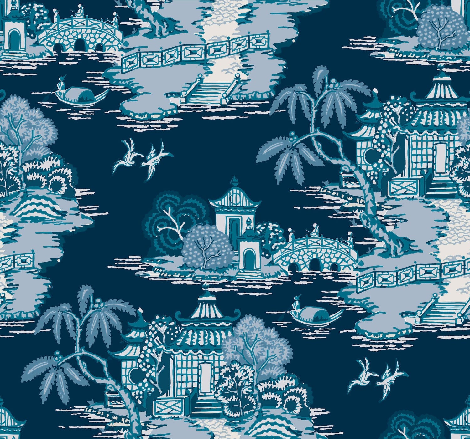 Pagoda And Sampan Scenic Navy Toile Non Woven Wallpaper, Modern Style - York RT7901