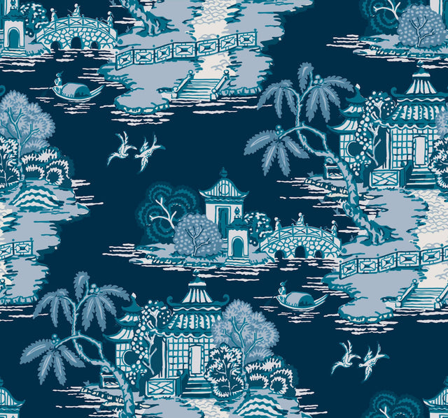 Pagoda And Sampan Scenic Navy Toile Non Woven Wallpaper, Modern Style - York RT7901