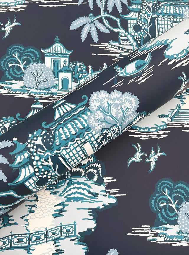 Pagoda And Sampan Scenic Navy Toile Non Woven Wallpaper, Modern Style - York RT7901