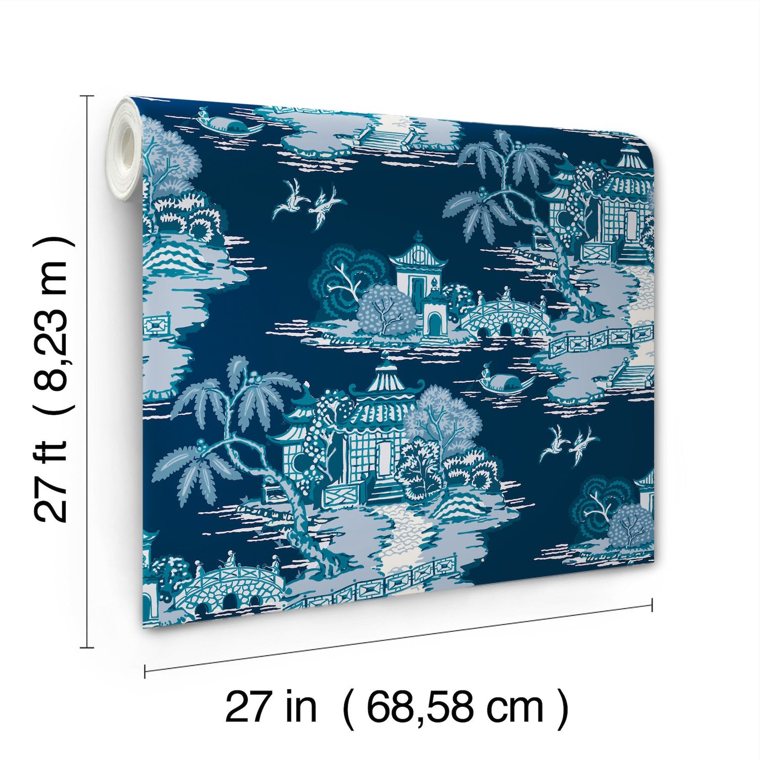 Pagoda And Sampan Scenic Navy Toile Non Woven Wallpaper, Modern Style - York RT7901
