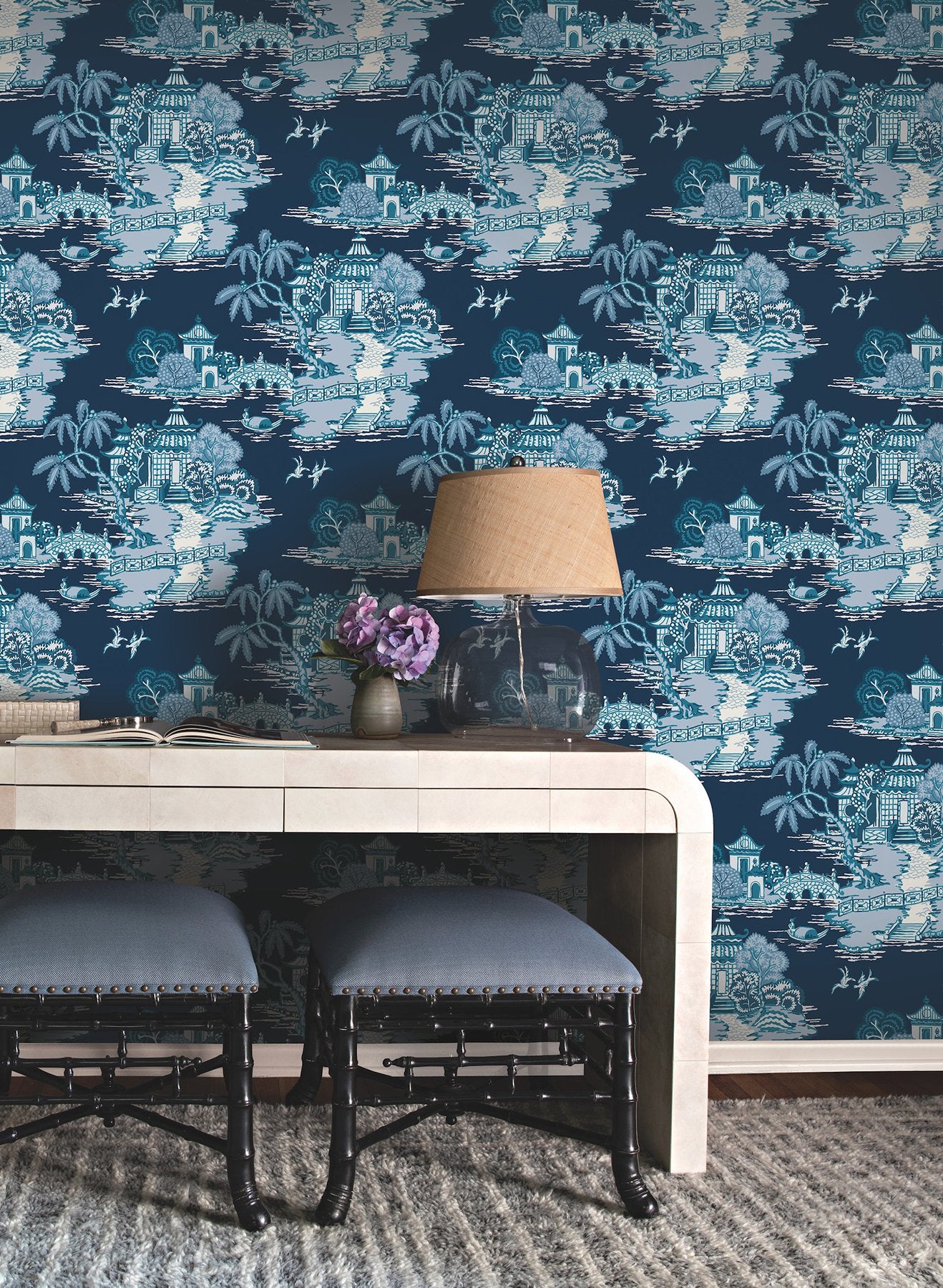 Pagoda And Sampan Scenic Navy Toile Non Woven Wallpaper, Modern Style - York RT7901