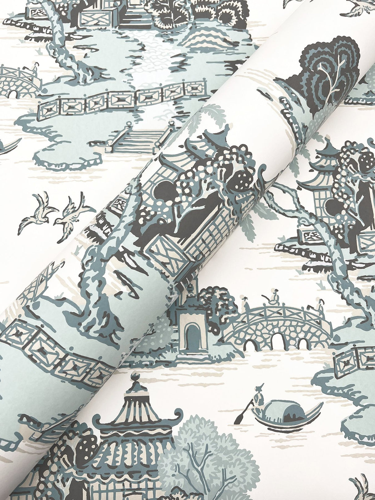 Pagoda And Sampan Scenic Seamist Wallpaper with Modern Toile Pattern - York RT7904