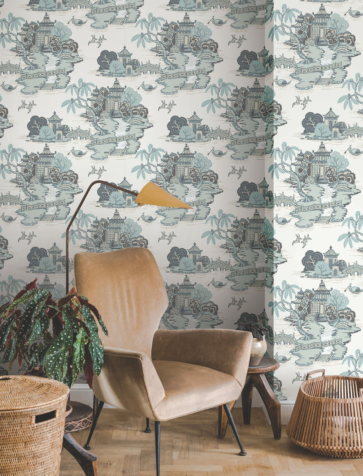 Pagoda And Sampan Scenic Seamist Wallpaper with Modern Toile Pattern - York RT7904