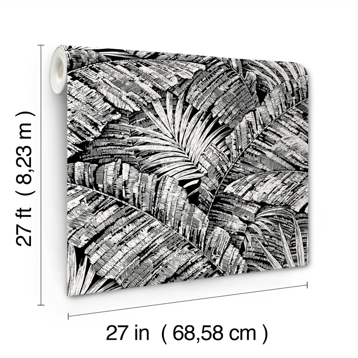 Palm Cove Toile White & Black Wallpaper with Tropical Toile Palm Fronds - York RT7921