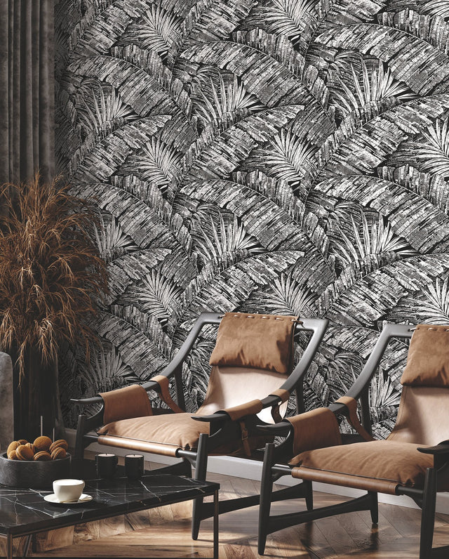 Palm Cove Toile White & Black Wallpaper with Tropical Toile Palm Fronds - York RT7921