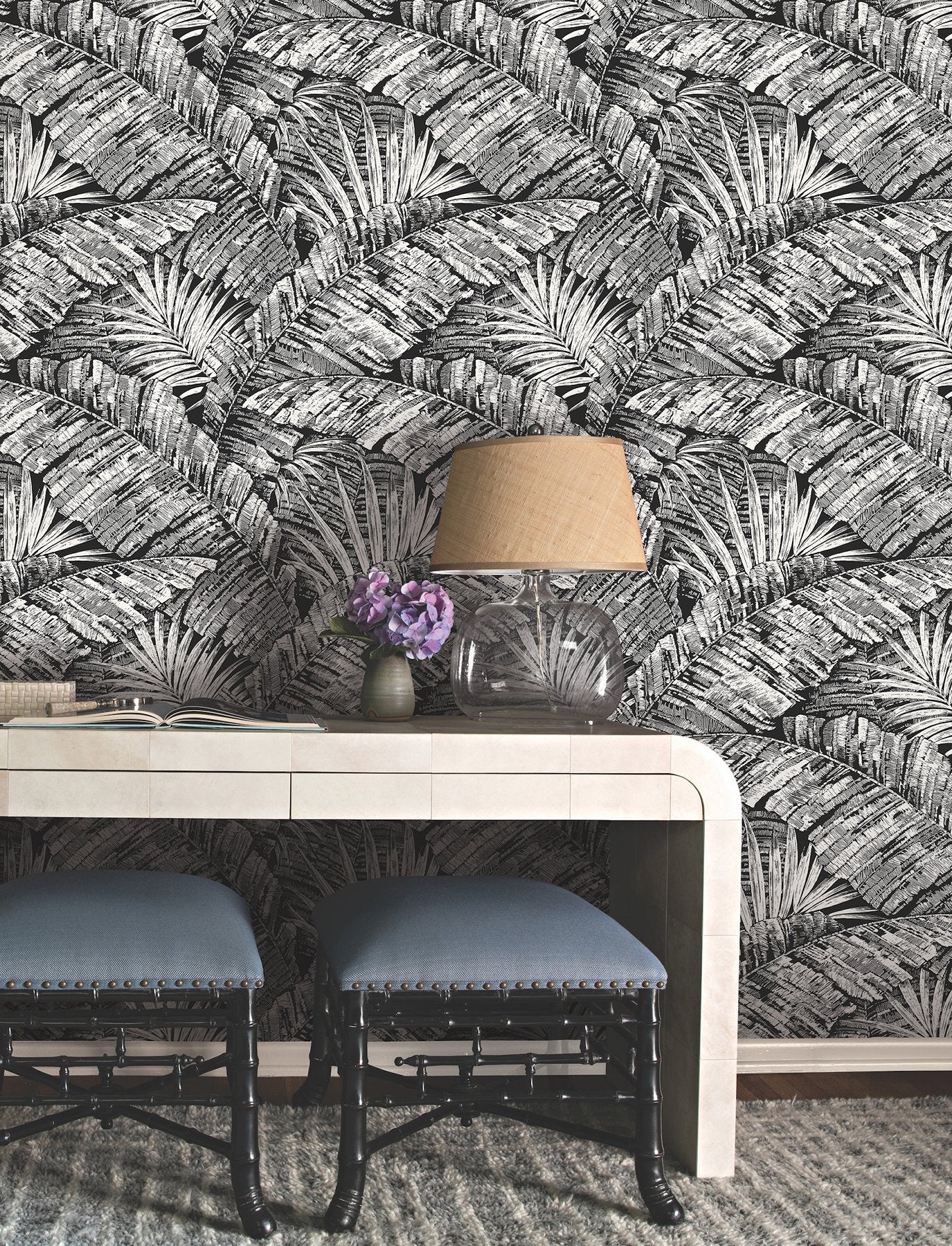 Palm Cove Toile White & Black Wallpaper with Tropical Toile Palm Fronds - York RT7921