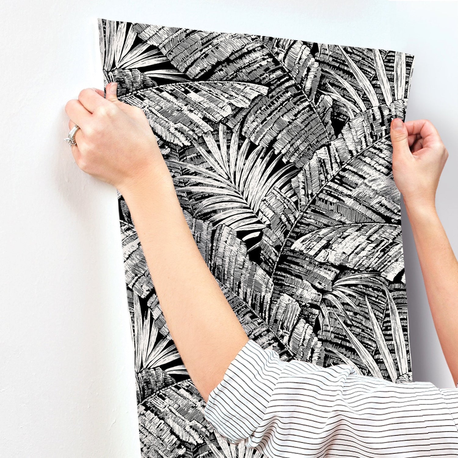 Palm Cove Toile White & Black Wallpaper with Tropical Toile Palm Fronds - York RT7921