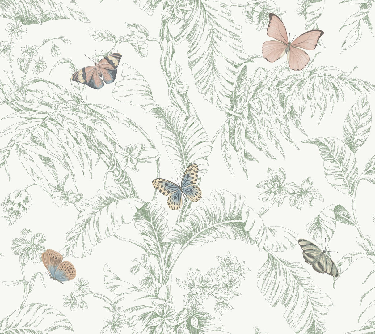 Papillon Blush Wallpaper with Tropical Toile Butterfly Motif - York RT7930