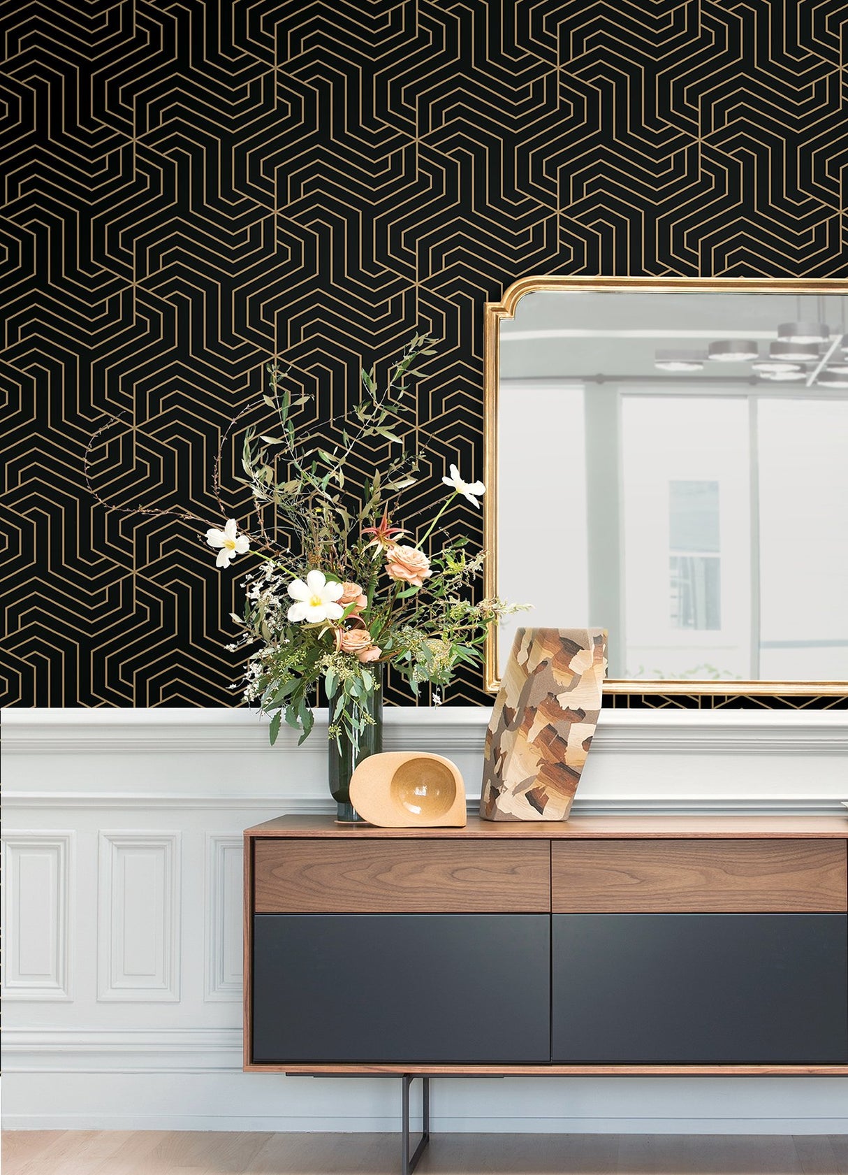 Ramsey Black Geometric Peel & Stick Wallpaper with Metallic Art Deco Pattern - Brewster RZS4526