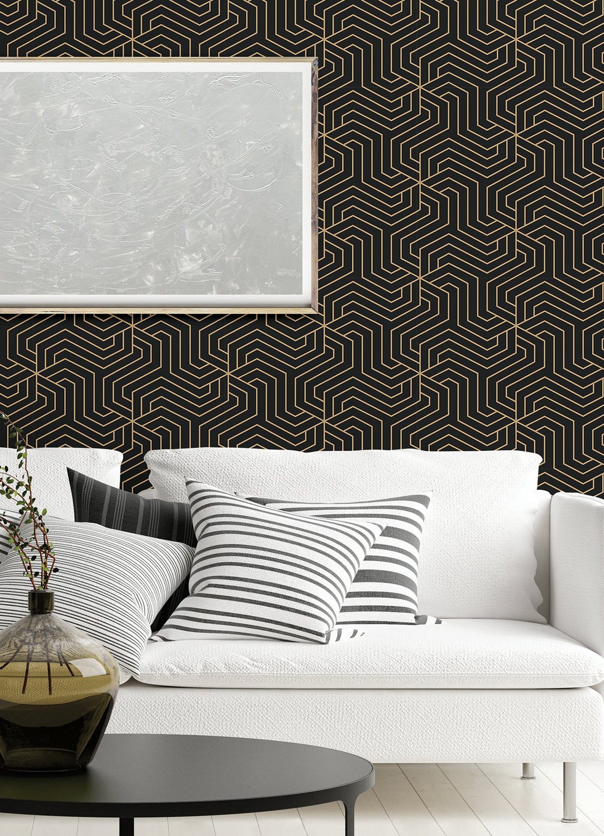 Ramsey Black Geometric Peel & Stick Wallpaper with Metallic Art Deco Pattern - Brewster RZS4526