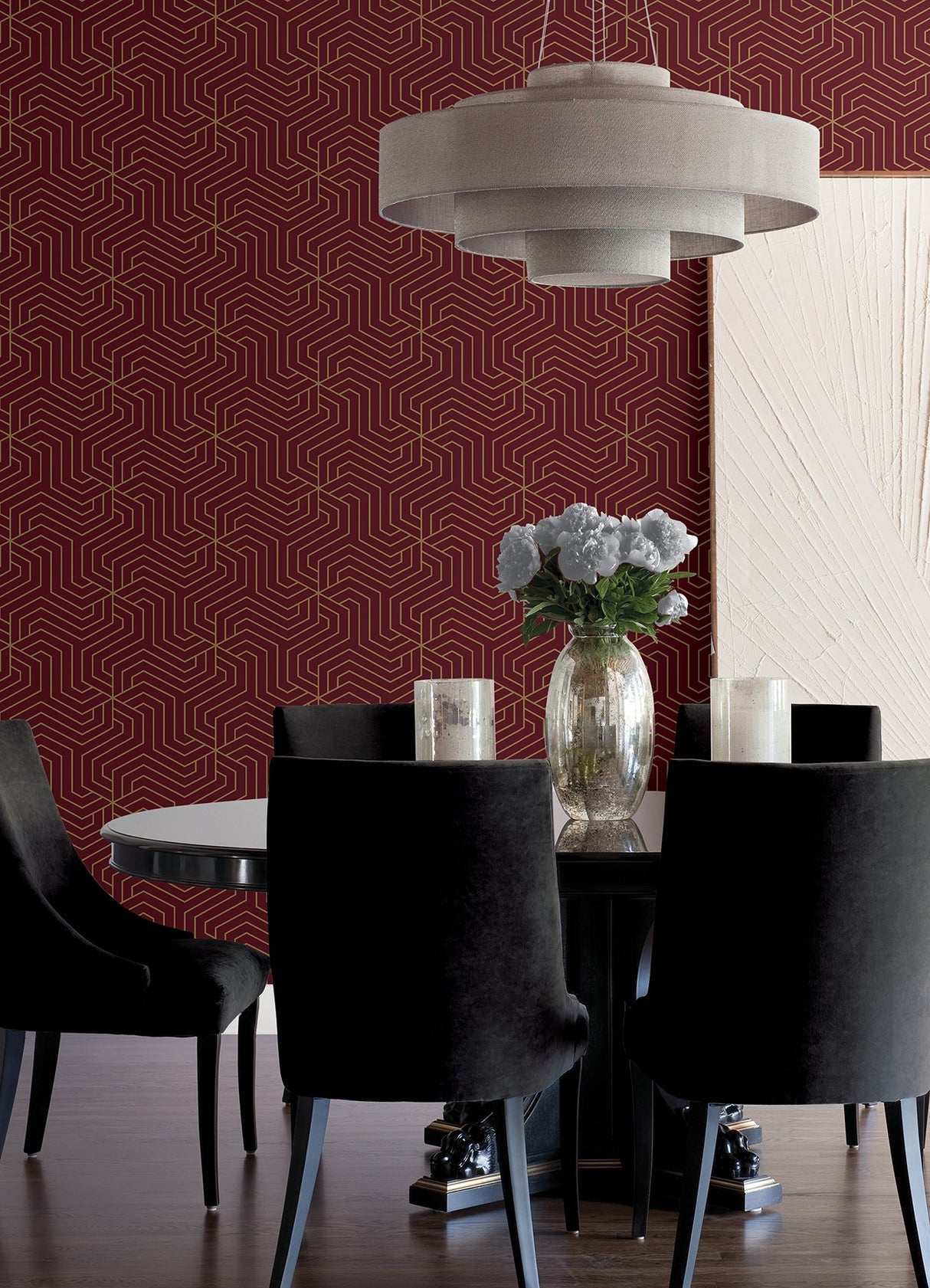 Ramsey Burgundy Peel & Stick Wallpaper with Gold Geometric Art Deco Motif - RZS4527