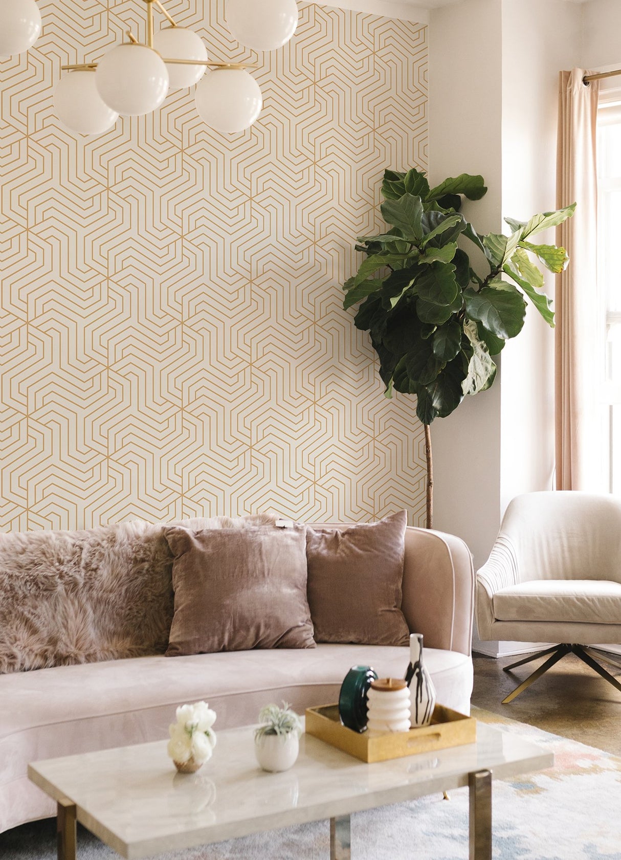 Ramsey Cream Peel & Stick Wallpaper with Glam Geometric Art Deco Pattern - Rachel Zoe x NuWallpaper RZS4528
