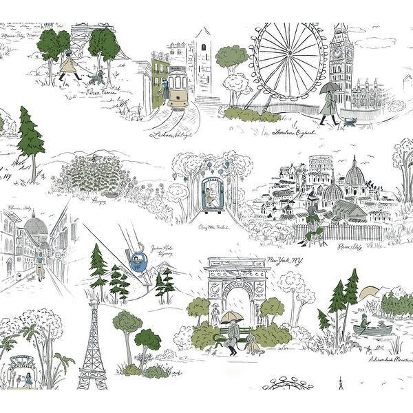 Rifle Paper Co. Travel Sketches Blue Globetrotter Premium Peel & Stick Wallpaper roll and pattern