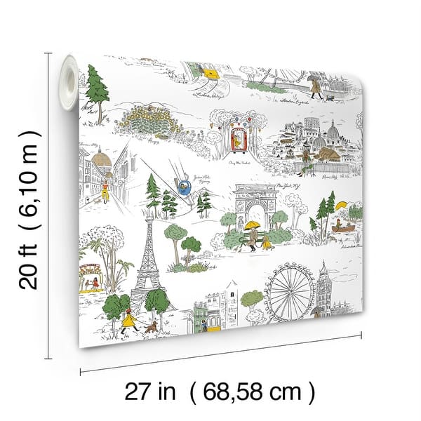Travel Sketches Yellow by Rifle Paper Co. Globetrotter Premium Peel & Stick Wallpaper – York Wallcoverings PSW1683RL