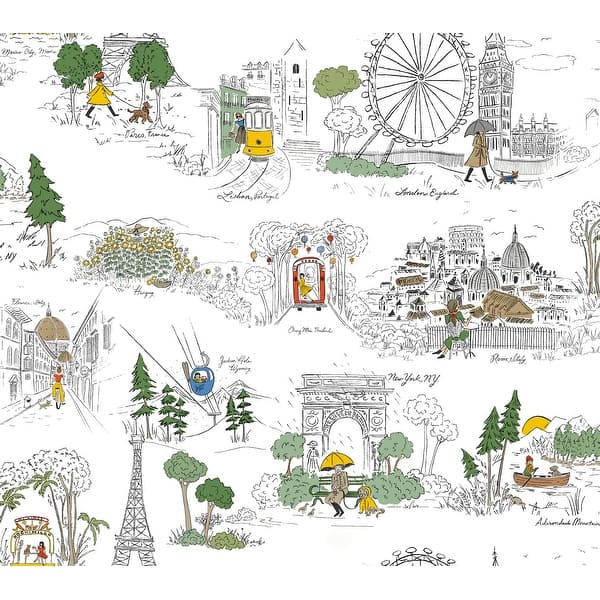 Rifle Paper Co. Travel Sketches Yellow Globetrotter Premium Peel & Stick Wallpaper, 27 in x 20 ft roll