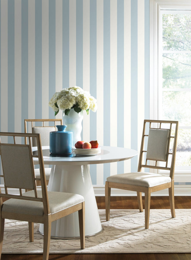 3" Stripe Blue & White Prepasted Wallpaper with Classic Vertical Stripe Pattern - York SA9176SAM