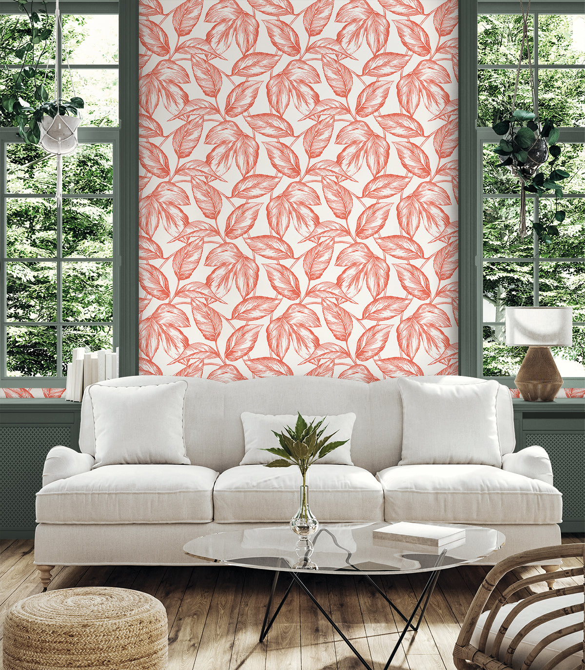 Beckett Sketched Leaves Rich Coral by Summer House Botanical Leaf Wallpaper – Seabrook Designs SC20001