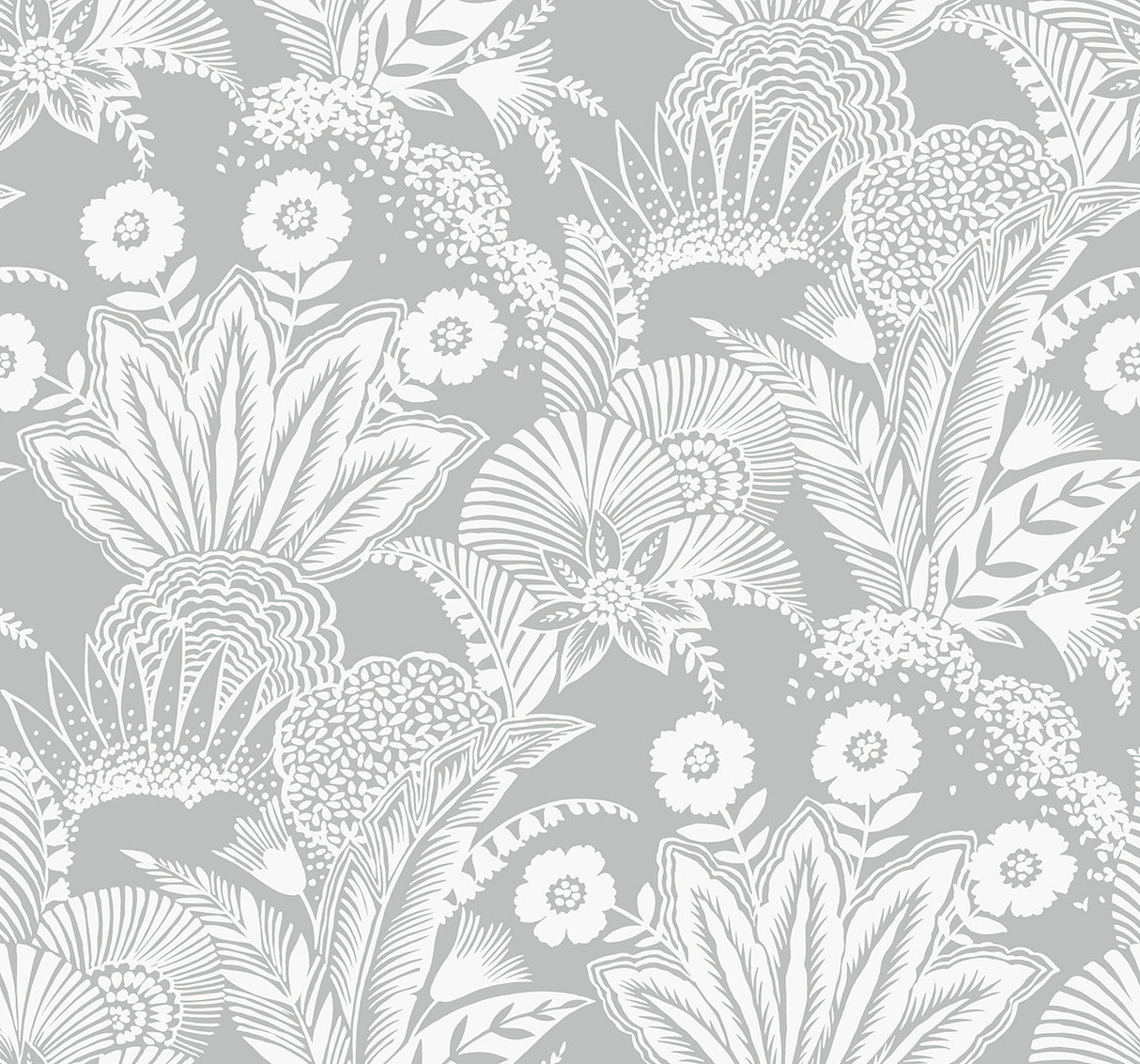 Suvi Palm Grove bluish gray botanical wallpaper with white palm and floral silhouettes