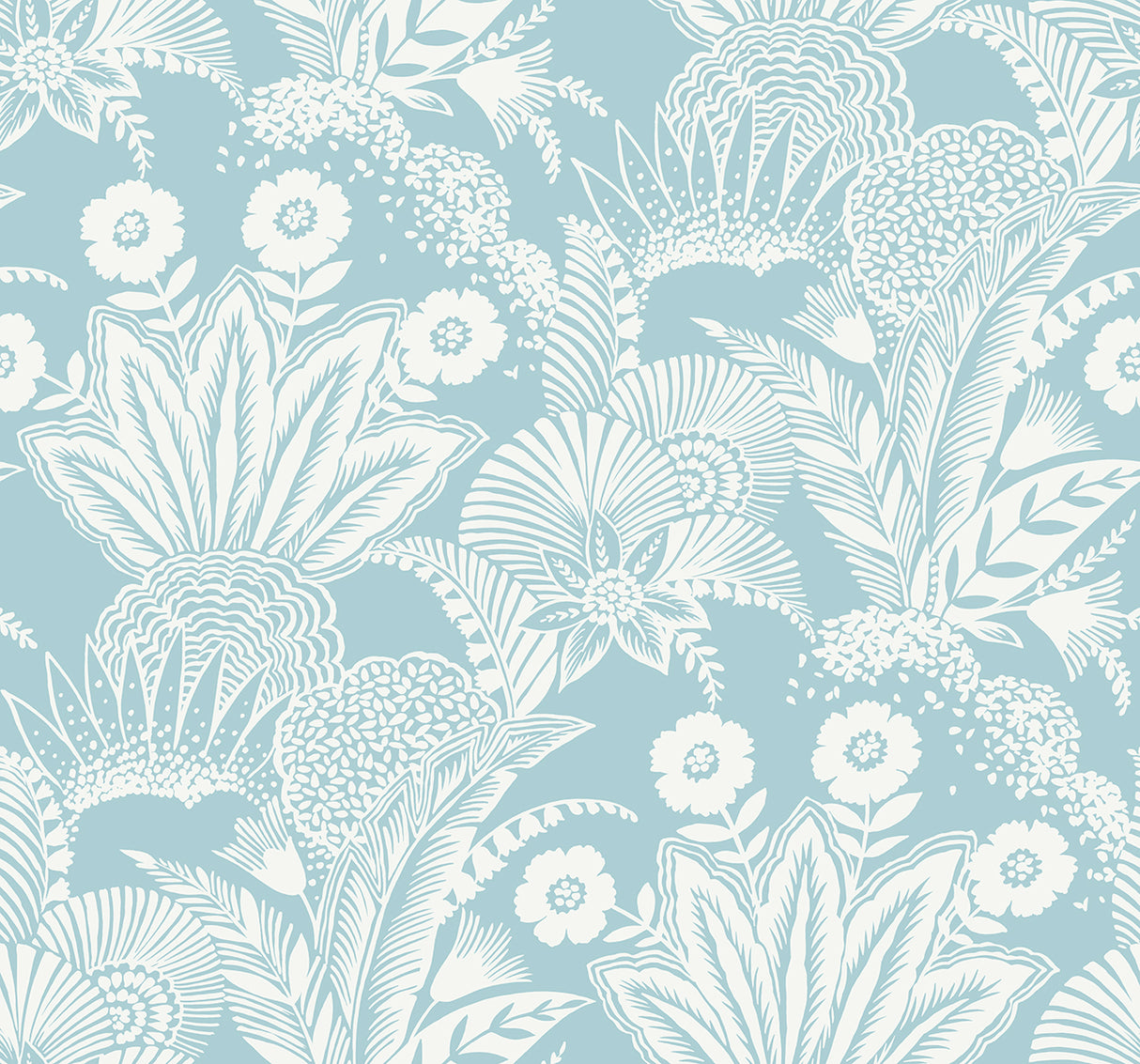 Suvi Palm Grove botanical wallpaper in sky blue with white palm and floral linework.