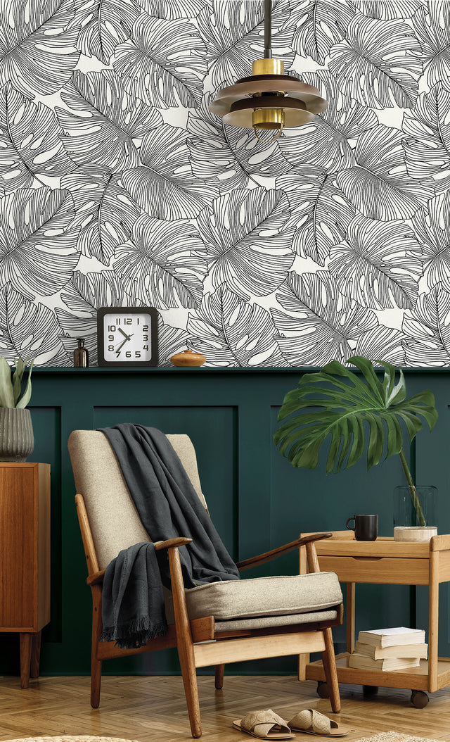 Tarra Monstera Leaf Black & White by Summer House Tropical Botanical Wallpaper – Seabrook Designs SC20200