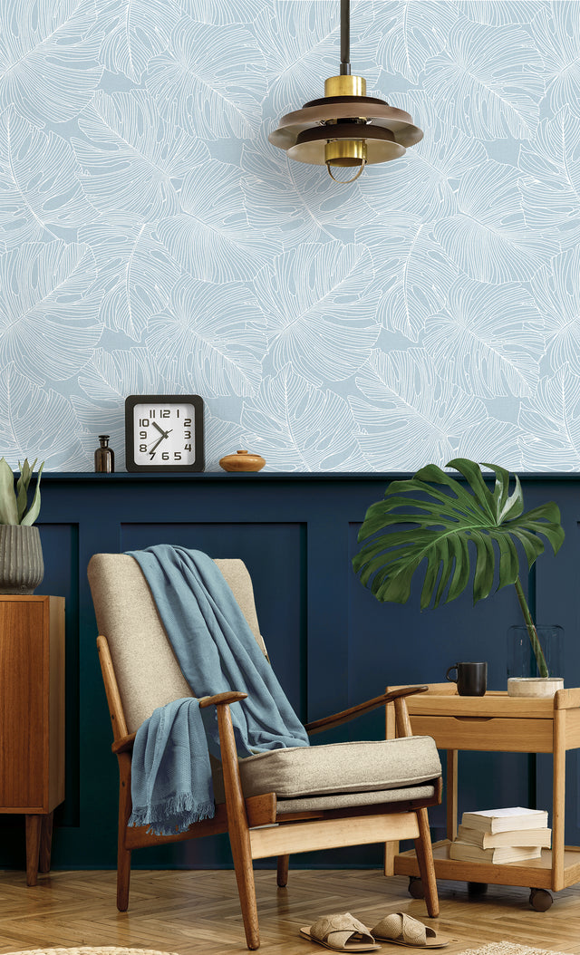 Tarra Monstera Leaf Early Sky by Summer House Botanical Wallpaper – Seabrook Designs SC20202