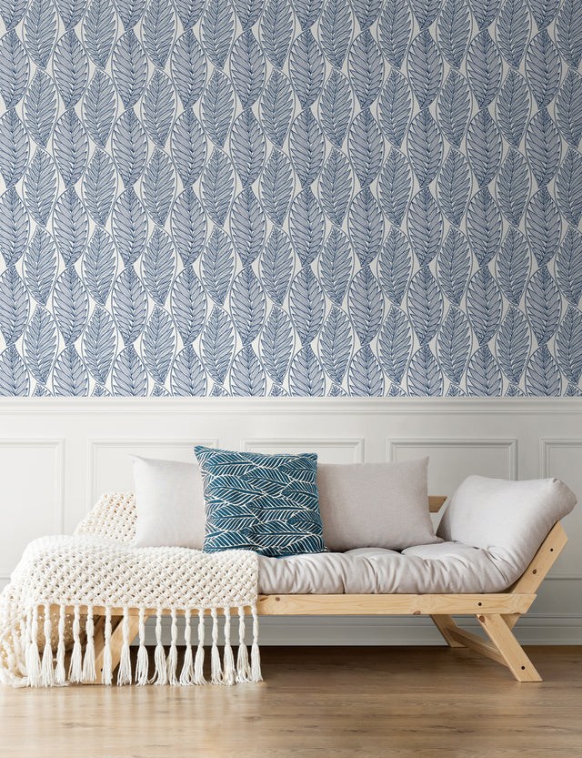 Kira Leaf Husk Blue Suede by Summer House Botanical Leaf Wallpaper – Seabrook Designs SC20302