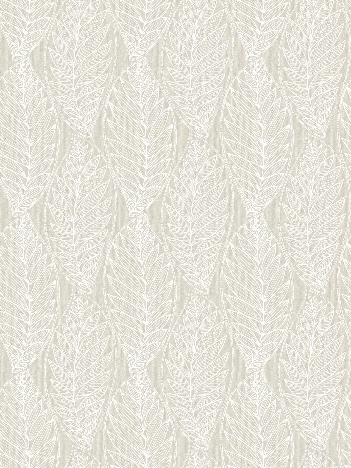 Neutral beige botanical leaf wallpaper with a matte finish and straight match pattern.