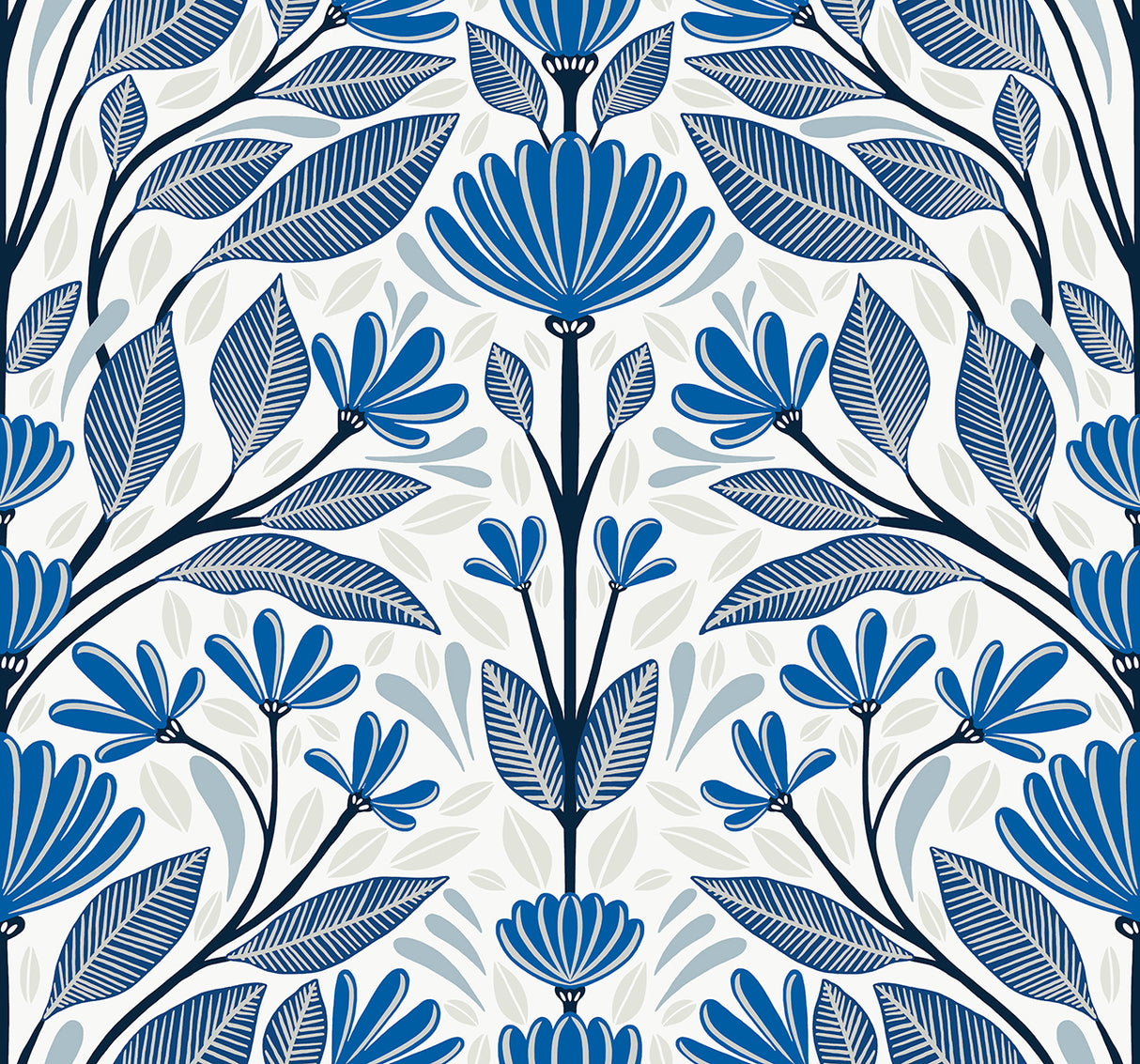 Carmela Folk Floral wallpaper pattern in True Blue with stylized blue flowers and leafy vines on a light background
