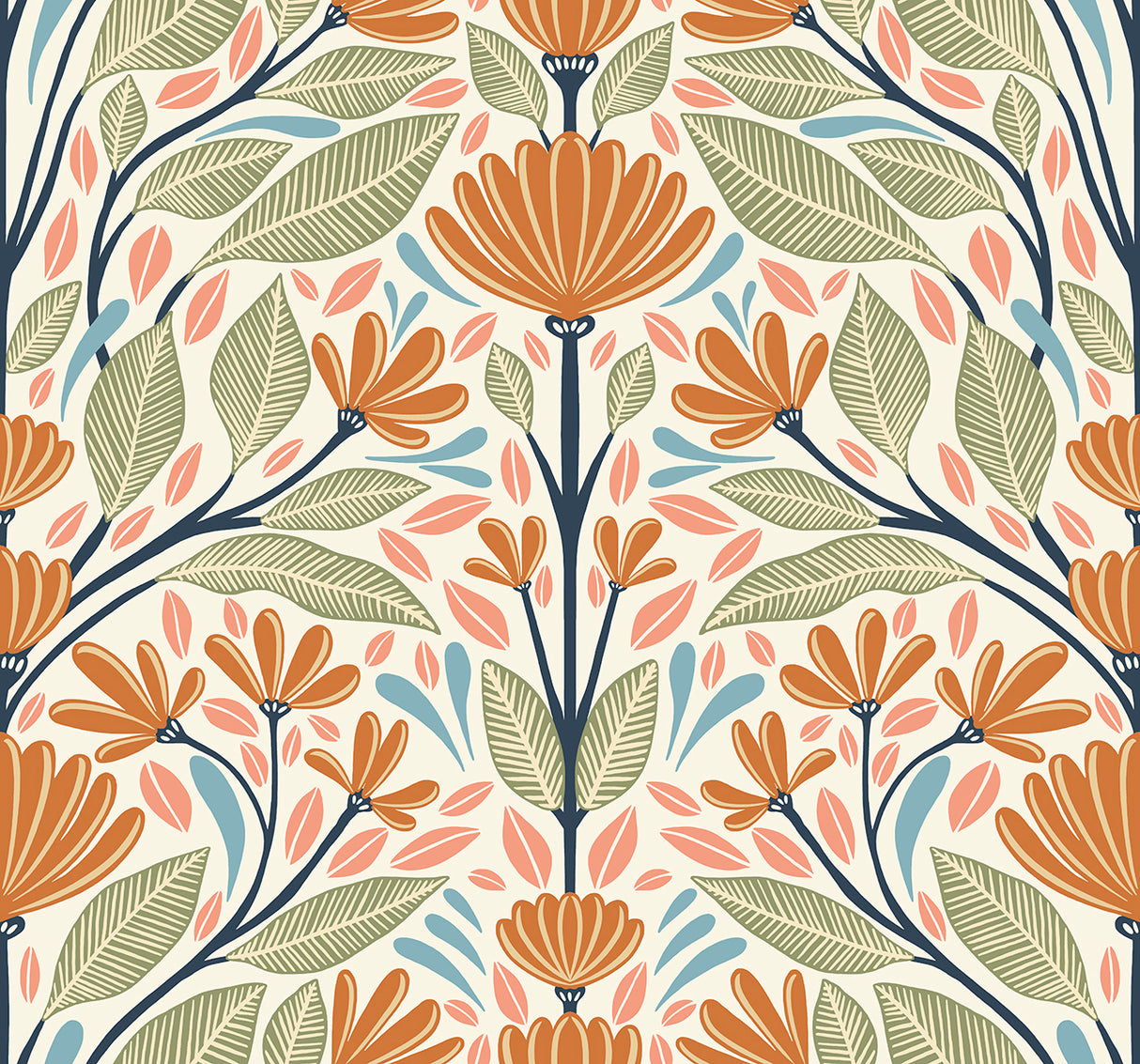 Carmela Folk Floral wallpaper in Summer Ends colorway with stylized orange flowers and green leaves on a light background.