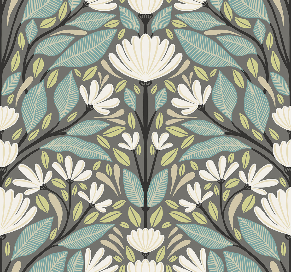 Carmela Folk Floral wallpaper in Spirit Grey with stylized white flowers and teal and green leaves on a grey ground