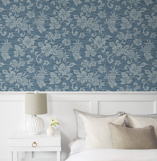 Juno Island Floral Bay Blue by Summer House Floral Vinyl Wallpaper – Seabrook Designs SC20802