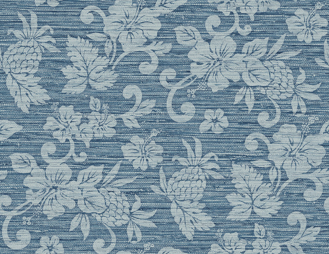 Bay blue coastal floral vinyl wallpaper pattern, Juno Island Floral by Seabrook Designs