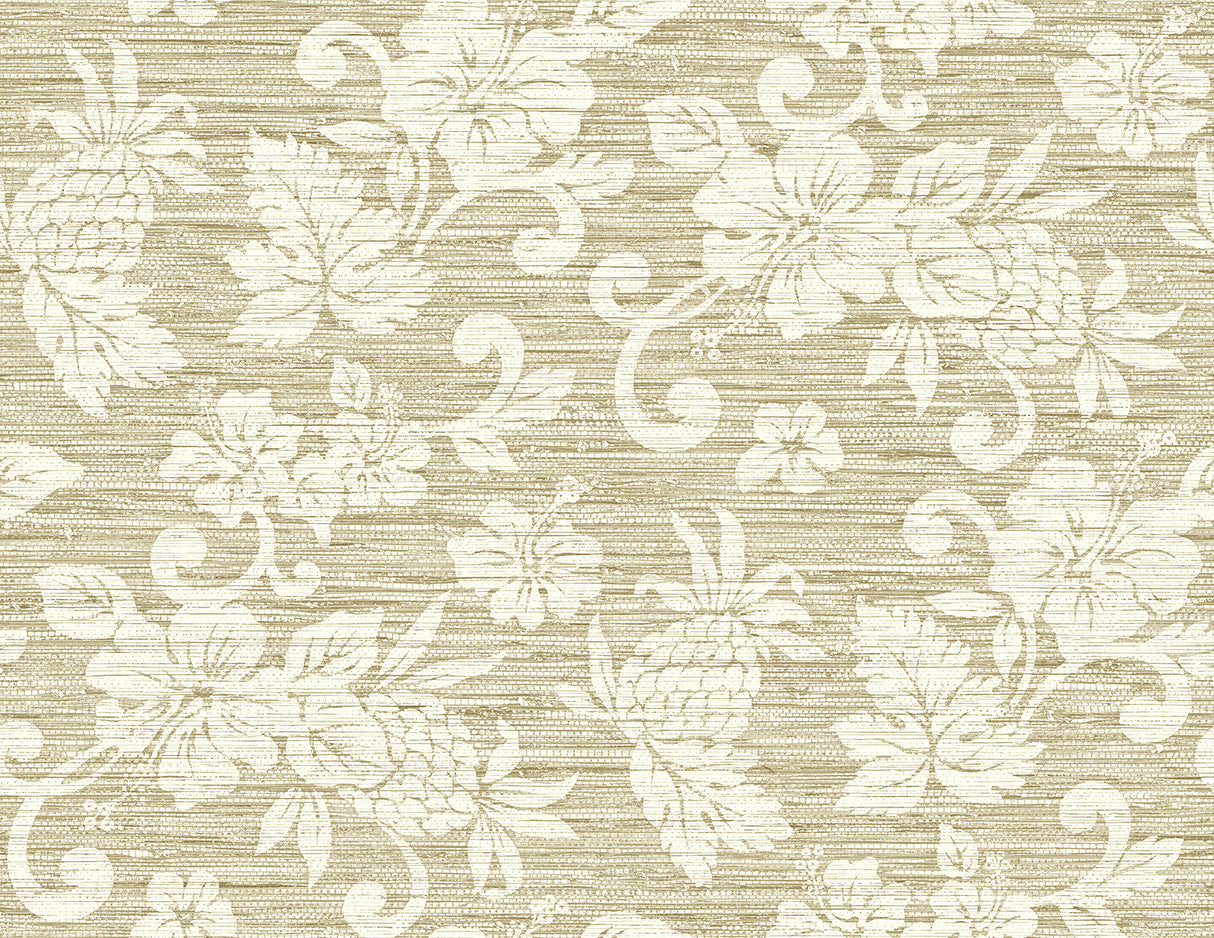 Coastal floral wallpaper in saddle tan and cream with a subtle textured ground