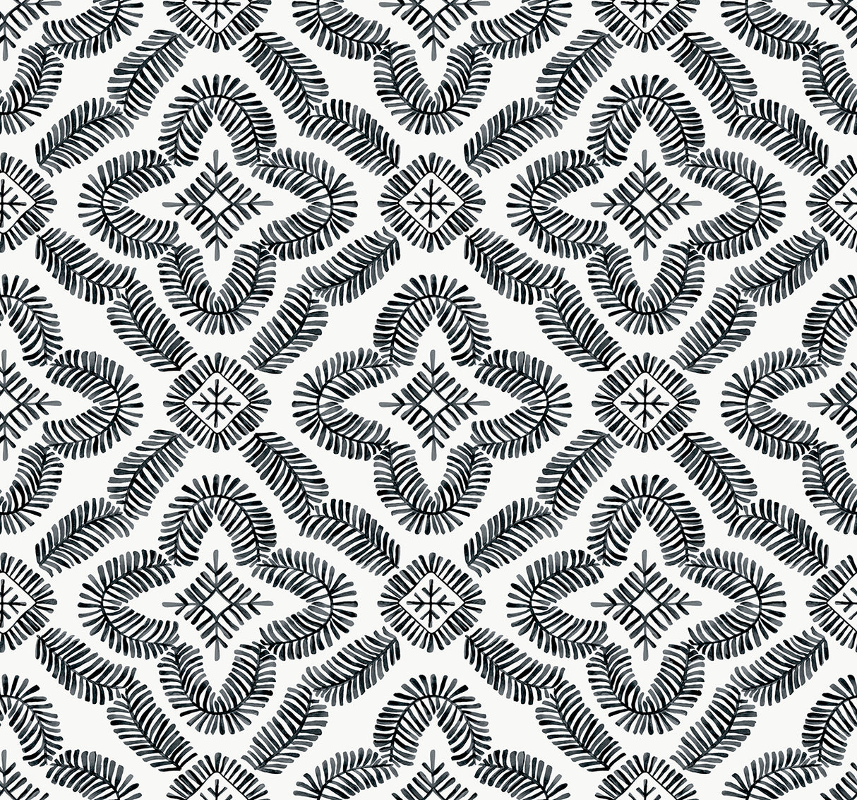 Black and white geometric botanical medallion wallpaper pattern with matte finish