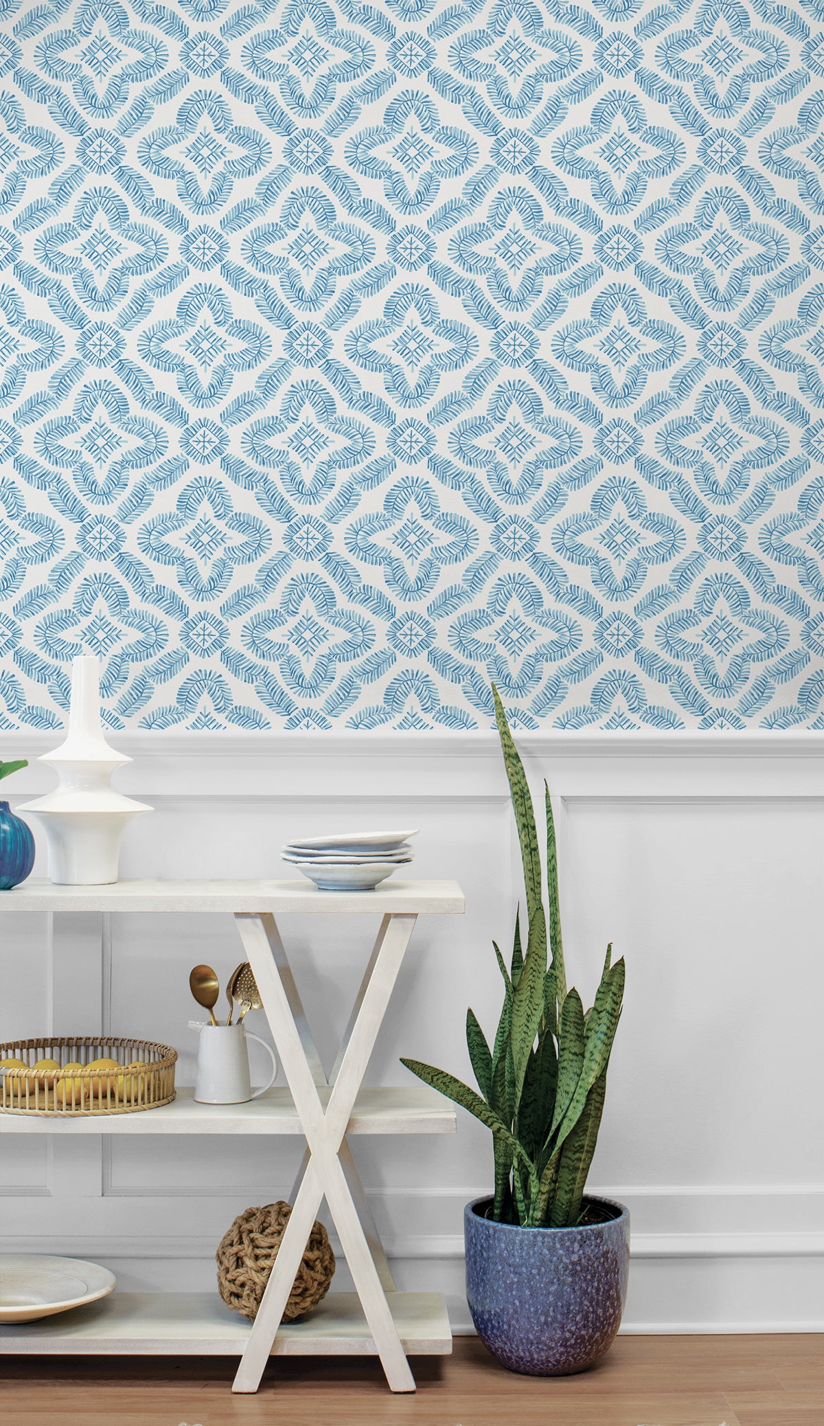 Talia Botanical Medallion Breezy Blue by Summer House Geometric Wallpaper – Seabrook Designs SC21302