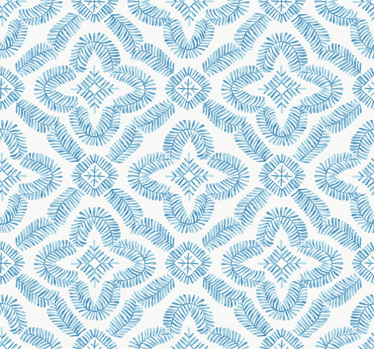 Blue geometric botanical medallion wallpaper pattern on an off-white ground