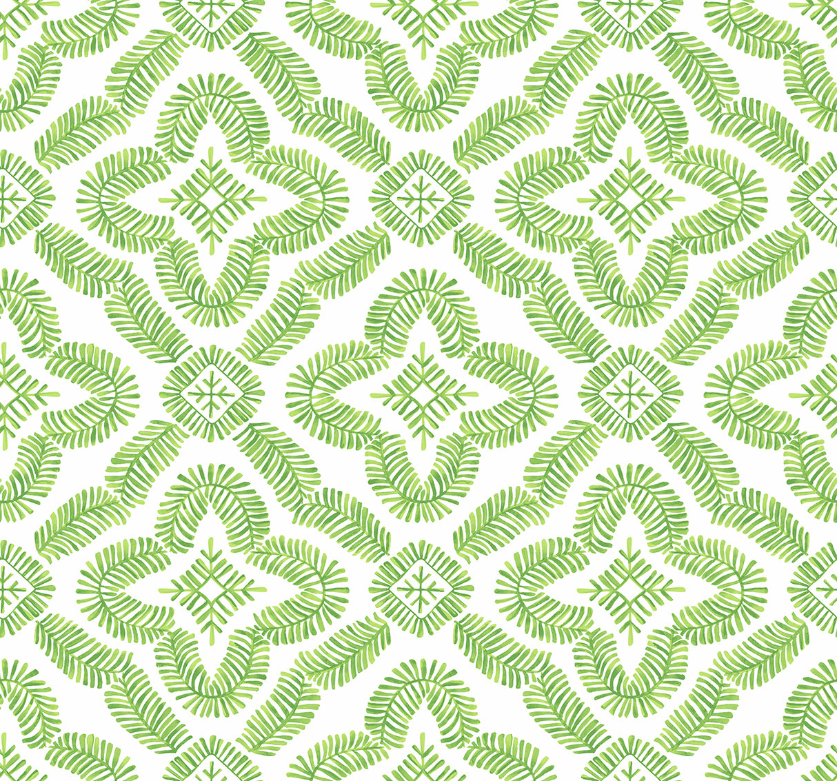 Green botanical medallion geometric wallpaper pattern on white background